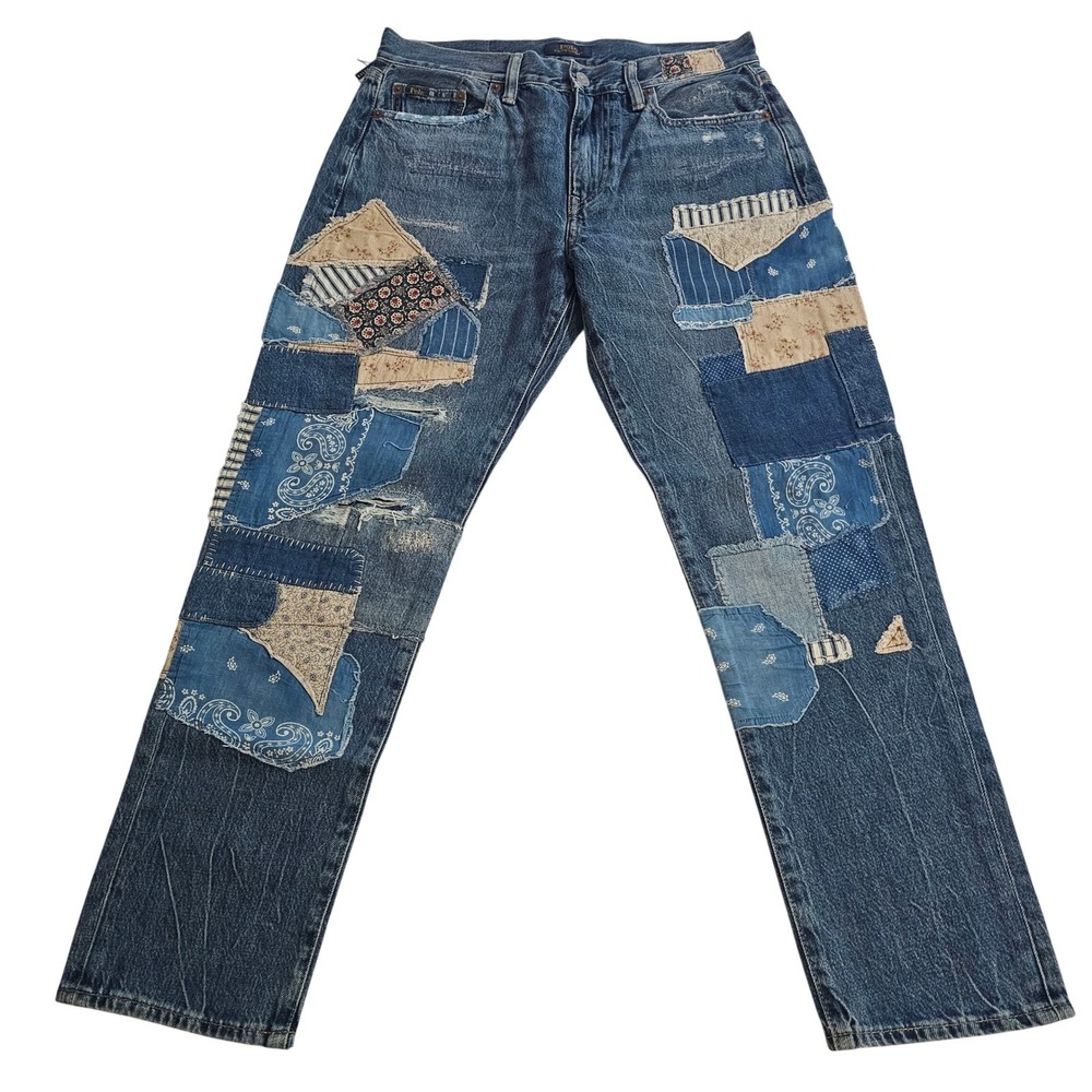 Polo Ralph Lauren Avery Boyfriend Patchwork Jeans Distressed Blue Denim Size 30